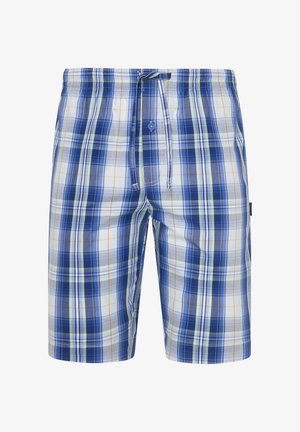 Rutet svømmetights med blå, grønne og orange mønstre. Lavet af letvægtsstof med elastisk talje og snøre lukning.