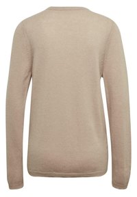 Beige gestrickter Pullover, lange Ärmel, runder Ausschnitt, glatte Textur, minimale Details, gerippte Bündchen und Saum. Rückansicht.