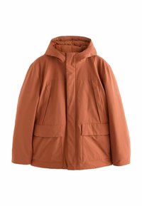 Jachetă izolată de culoare ruginie cu glugă, având două buzunare frontale, croială dreaptă și o textură netedă. Design minimalist.