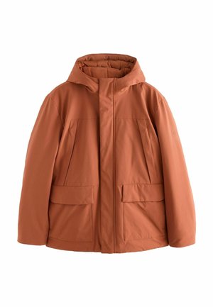 Jachetă izolată de culoare ruginie cu glugă, având două buzunare frontale, croială dreaptă și o textură netedă. Design minimalist.