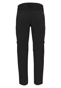 Black outdoor trousers with a fitted design, featuring side pockets, reinforced stitching, and a smooth, stretchy fabric texture.