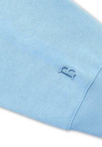 Light blue sweatshirt with textured fabric, ribbed cuffs, and an embroidered logo detail near the sleeve.