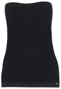 Haut noir texturé sans bretelles avec un motif côtelé horizontal et une petite étiquette métallique de la marque en bas de l'ourlet.
