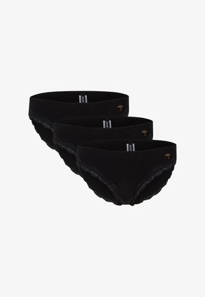 Tři černé dámské kalhotky s krajkovým lemem a drobným zlatým listovým detailem na přední straně, seřazené vedle sebe.