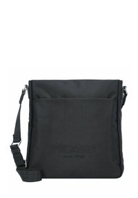 Borsa a tracolla nera realizzata in materiale testurizzato con una tracolla regolabile, dotata di una tasca frontale e dettagli del logo in rilievo.