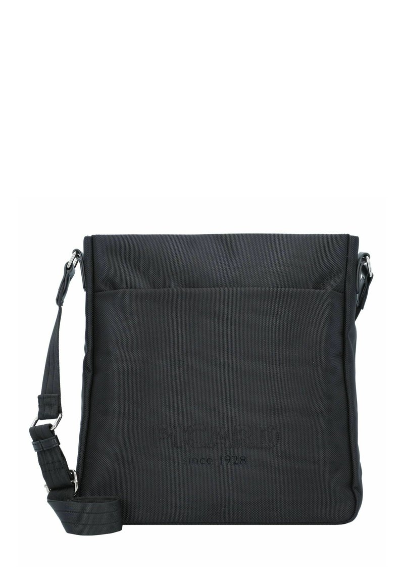 Borsa a tracolla nera realizzata in materiale testurizzato con una tracolla regolabile, dotata di una tasca frontale e dettagli del logo in rilievo.
