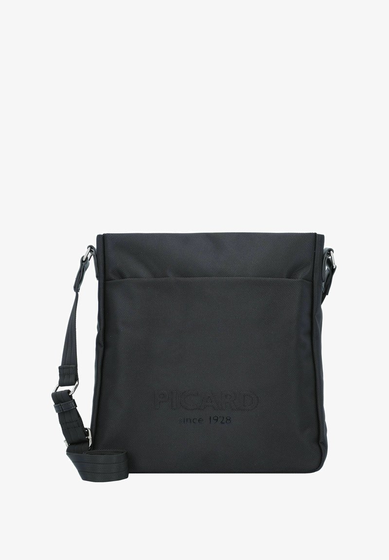 Borsa a tracolla nera realizzata in materiale testurizzato con una tracolla regolabile, dotata di una tasca frontale e dettagli del logo in rilievo.