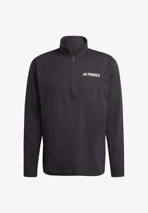 Sudadera de forro polar negra con cuello de media cremallera, cuenta con un bolsillo frontal y el logo "TERREX", fabricada con un tejido suave y texturizado.