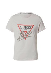 Hellrosa Baumwoll-T-Shirt mit einem roten dreieckigen Logo, das "GUESS U.S.A." zeigt, und einem funkelnden silbernen "love"-Text auf der Vorderseite.