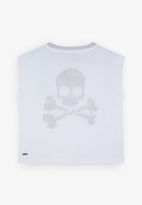White sleeveless top in cotton with a silver skull and crossbones graphic on the back. Round neckline and a straight cut.