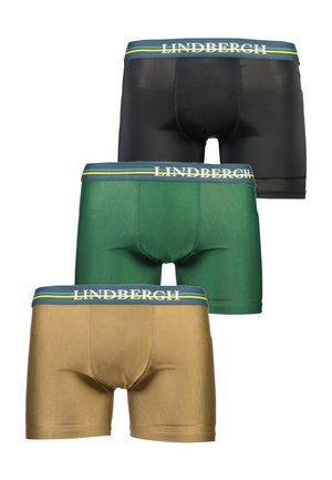 Boxershorts in Schwarz, Grün und Beige. Glattes Material mit kontrastierendem elastischem Bund, der "LINDBERGH" und blau-gelben Streifen zeigt.