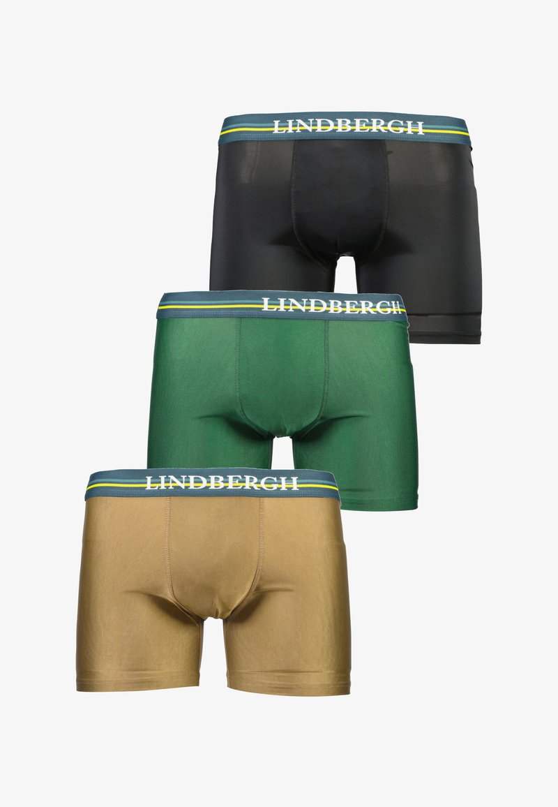 Boxerit alushousut mustana, vihreänä ja beigeenä. Sileä kangas, jossa on kontrastivärinen joustava vyötärö, jossa lukee "LINDBERGH" ja sinikeltaisia raitoja.