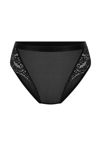 Schwarz gestreifter Bikini mit Spitze an den Seiten, ausgestattet mit einem glatten Bund und weichem Material für optimalen Komfort.