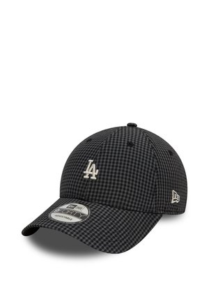 Casquette de baseball réglable à carreaux noirs et gris avec logo LA blanc brodé sur le devant et logo drapeau New Era sur le côté.