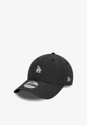 Casquette de baseball réglable à carreaux noirs et gris avec logo LA blanc brodé sur le devant et logo drapeau New Era sur le côté.