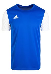 Camiseta deportiva azul con mangas blancas, hecha de un tejido transpirable. Presenta un logo de Adidas en el lado izquierdo del pecho. Ajuste regular.