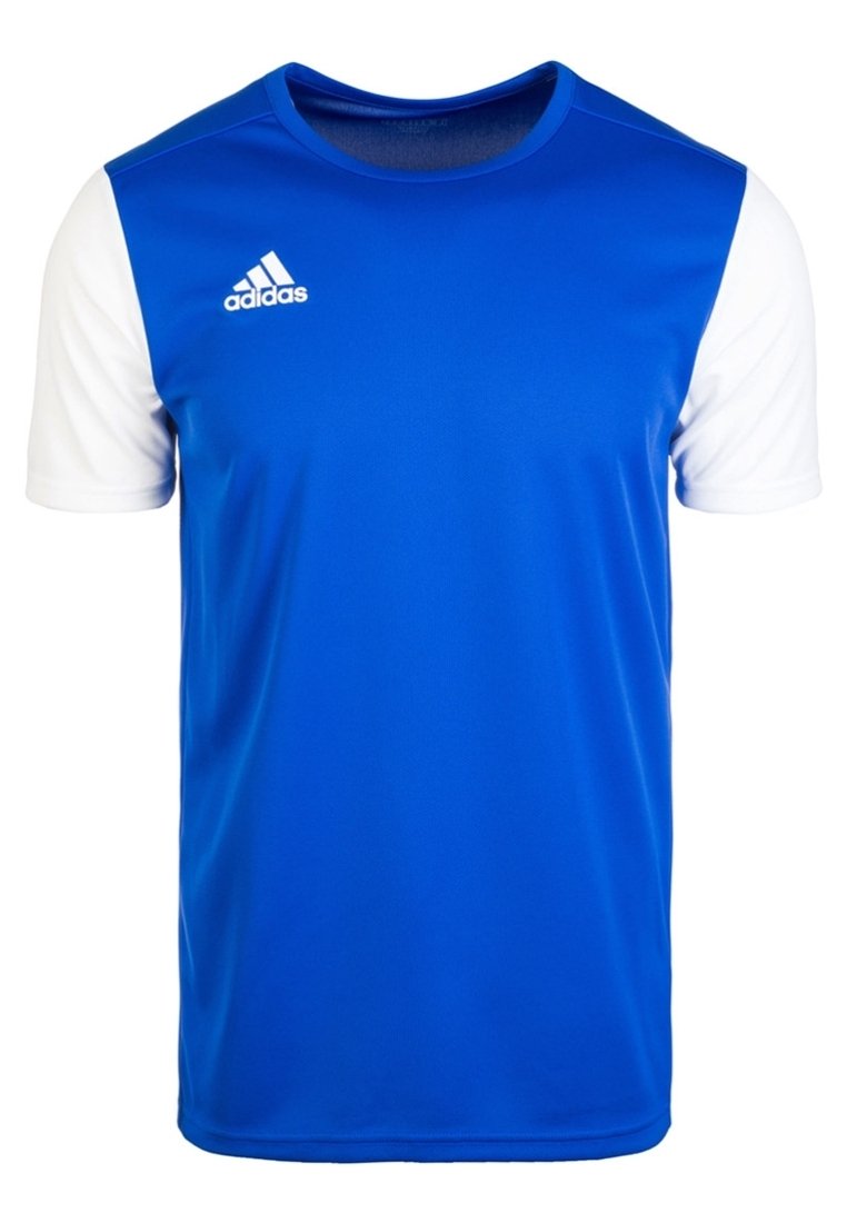 Camiseta deportiva azul con mangas blancas, hecha de un tejido transpirable. Presenta un logo de Adidas en el lado izquierdo del pecho. Ajuste regular.