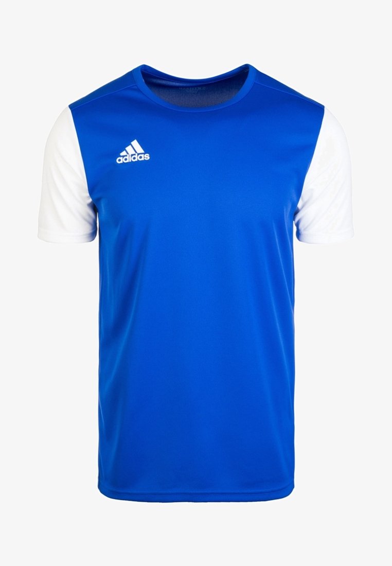 Camiseta deportiva azul con mangas blancas, hecha de un tejido transpirable. Presenta un logo de Adidas en el lado izquierdo del pecho. Ajuste regular.