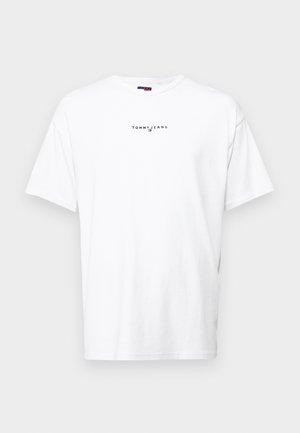 White cotton t-shirt with short sleeves, round neckline, featuring a printed logo "TOMMY JEANS" in black across the chest.