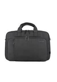 Borsa per laptop in tessuto grigio scuro, dotata di due scomparti con zip, maniglie doppie e un design minimalista con superficie testurizzata.