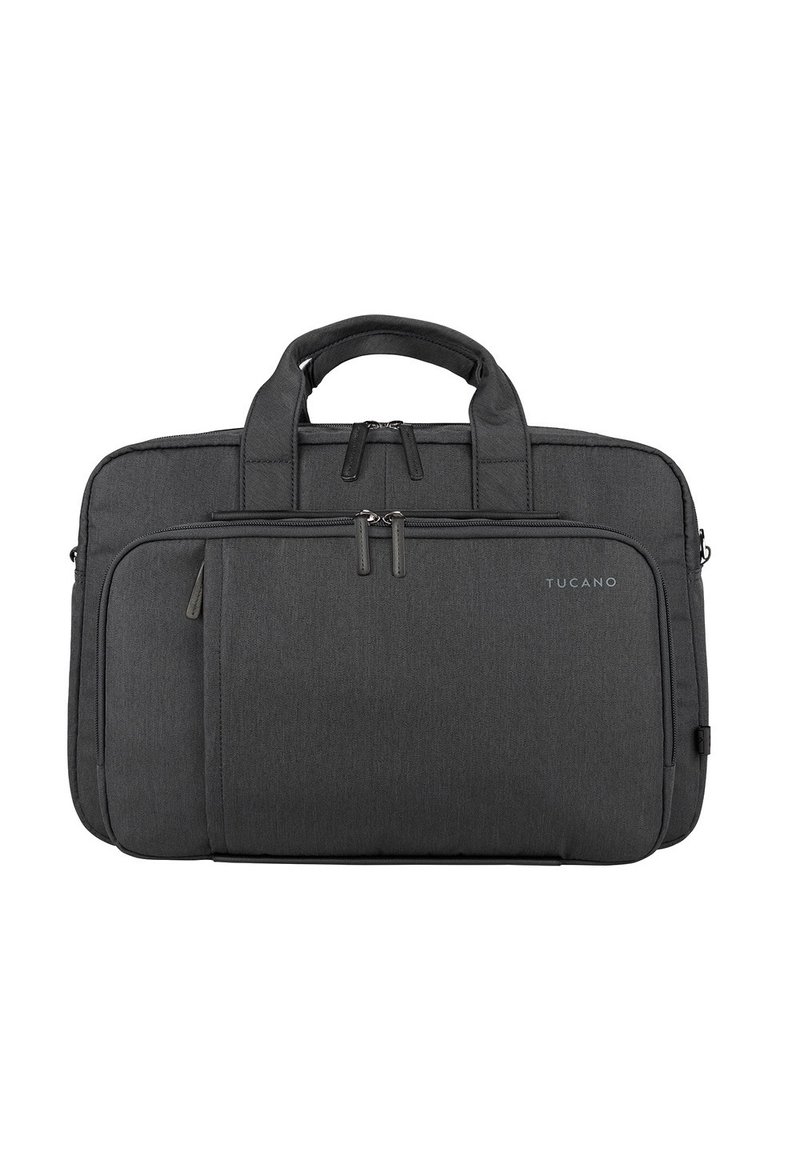 Borsa per laptop in tessuto grigio scuro, dotata di due scomparti con zip, maniglie doppie e un design minimalista con superficie testurizzata.