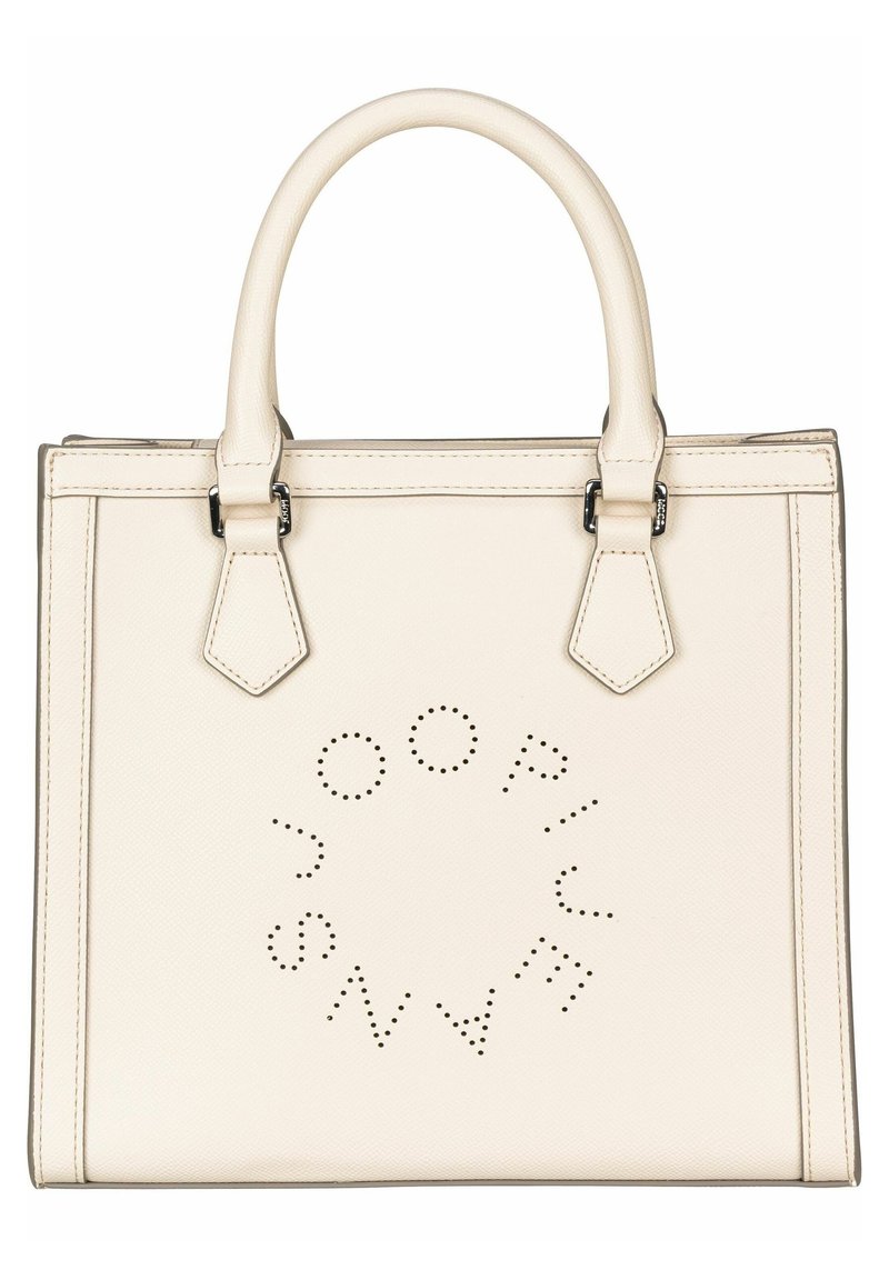 Cremfarbene Lederhandtasche mit Obergriffen, durchlochten kreisförmigen Logodesign, strukturierter rechteckiger Form und silberfarbigen Hardware-Akzenten.