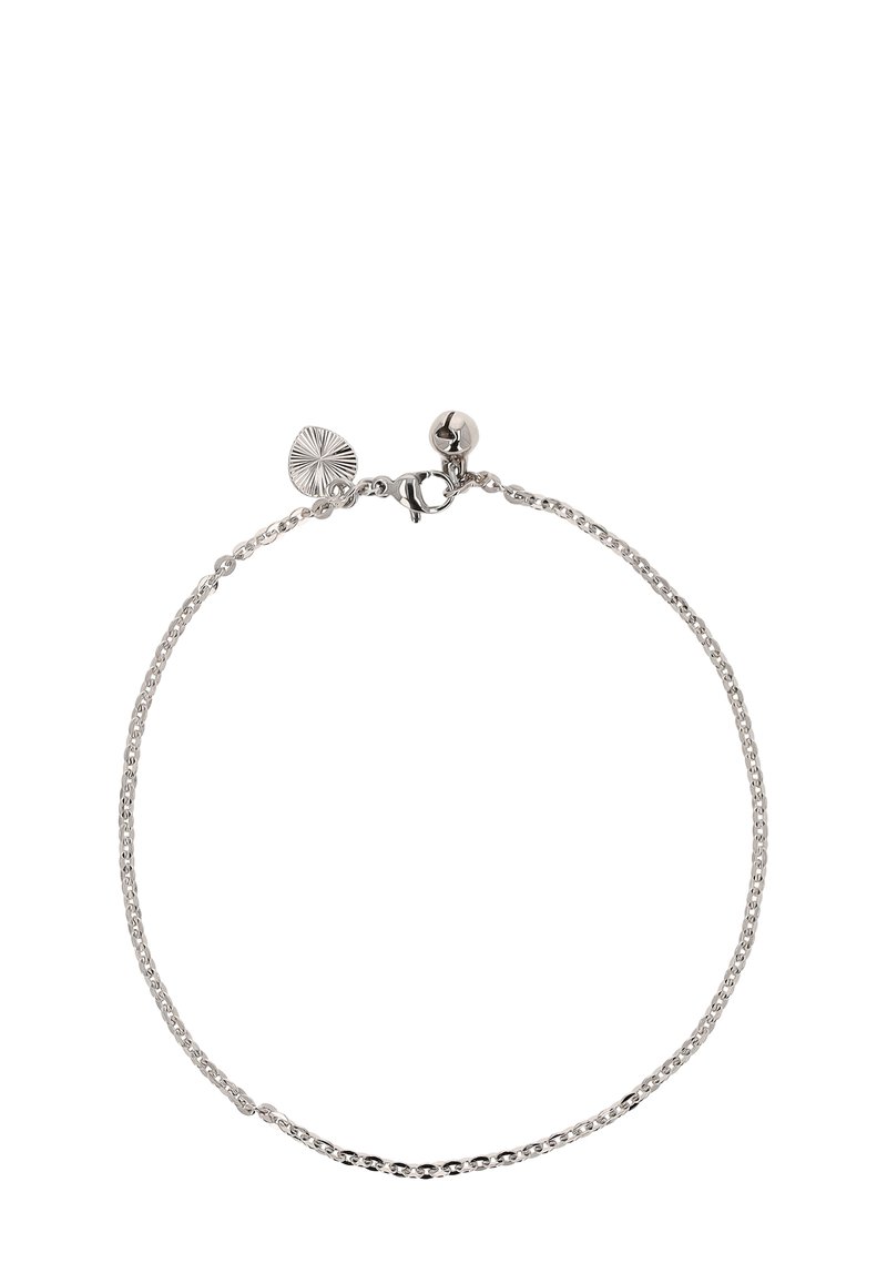 Hopeaketju, jossa on tekstuurinen disc-väline ja sileä lukitus. Ketju koostuu hienoista lenkeistä, jotka luovat hennon ilmeen.