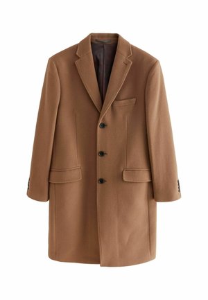 Brauner Wollmantel mit schmalem Revers, drei vorderen Knöpfen, zwei vorderen Taschen und einer Brusttasche. Glattes, strukturiertes Material.