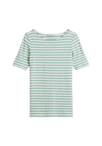 Camiseta de manga corta, de color azul claro y blanca con rayas horizontales, con un escote redondo, apoyada sobre un fondo blanco.