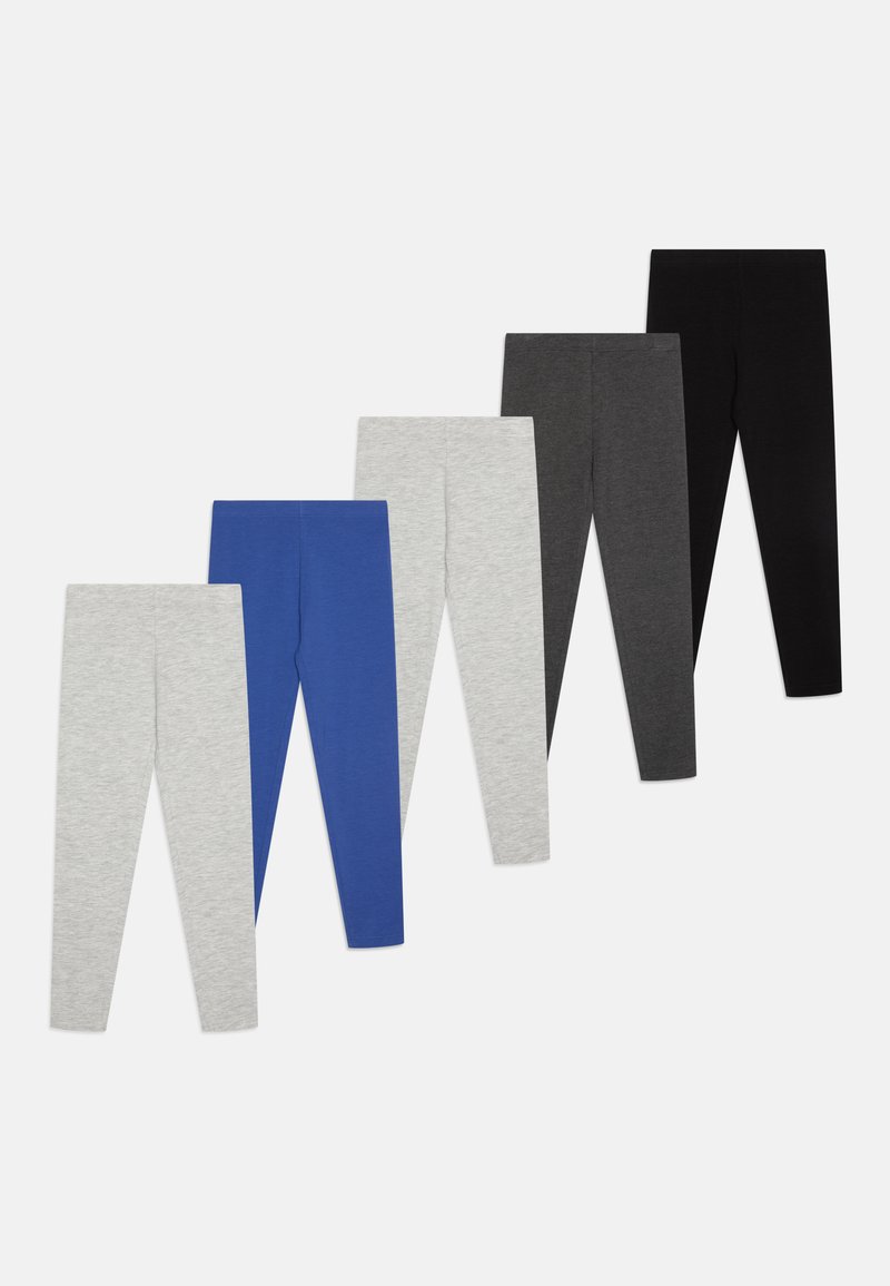 Cinco pares de leggings em gradiente: cinza claro, azul, cinza médio, cinza escuro e preto. Feitos de um tecido de algodão misto, macio e elástico.