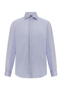 Camicia da uomo azzurra a colletto con un motivo a piccole righe, maniche lunghe, chiusura a bottoni e polsini regolabili, realizzata in un morbido tessuto testurizzato.