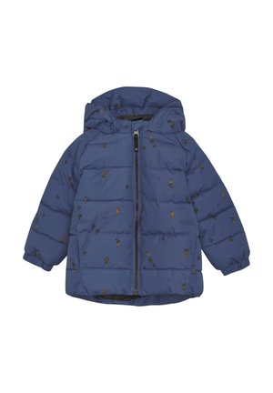 Gesteppten Jacke in Marineblau mit einem Frontreißverschluss, einer Kapuze und einem Muster aus kleinen farbenfrohen Designs. Mit elastischen Bündchen.