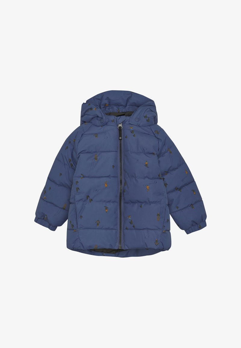 Vadderad jacka i marinblått med dragkedja fram, huva och ett mönster av små färgglada designelement. Har elastiska ärmslut.