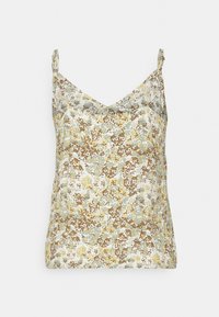 Camisola de padrão floral em amarelo claro, verde oliva e tons de castanho. Apresenta alças finas e um decote em V com um tecido suave e fluido.