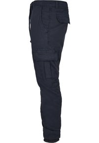 Navy cargo pants with a drawstring waist, side pockets, and reinforced knee panels. Fabric is lightweight, with a relaxed fit and elastic cuffs.