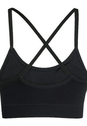 Top sportivo nero con texture a coste, design incrociato sul retro, spalline regolabili e finitura senza cuciture per comfort e supporto.