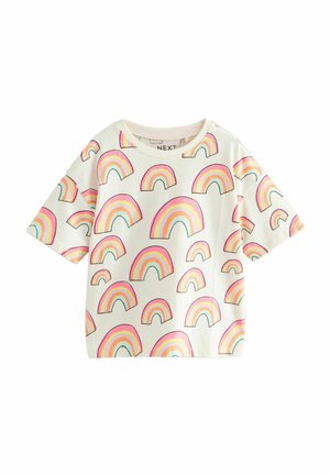 Kurzarm-T-Shirt aus Baumwolle in Creme mit bunten Regenbogenmustern. Verfügt über einen runden Ausschnitt und eine lockere Passform, ideal für legere Kleidung.