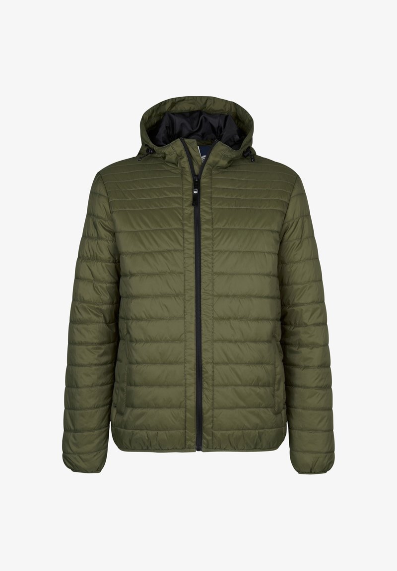 Oliven grøn puffjakke med hætte, med horisontalt quiltet mønster, frontlynlås og kontrasterende sort inderfor.