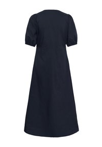 Robe midi noire avec manches courtes bouffantes et taille cintrée, vue de dos sur fond blanc.