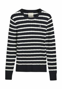 Marineblau-weiß gestreifter Pullover mit rippierter Textur, Rundhalsausschnitt und langen Ärmeln. Mit einem kleinen Logo auf der Brust.