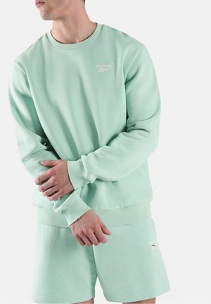 Mann trägt hellgrünes Reebok Sweatshirt und passende Shorts, steht mit verschränkten Armen vor einfarbigem Hintergrund.