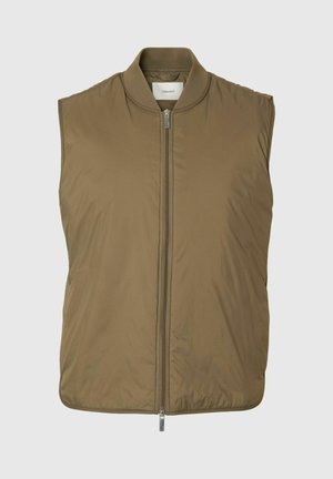 Ärmellose, olivgrüne gesteppte Weste mit Reißverschluss vorne und geripptem Kragen, vor einfarbigem Hintergrund dargestellt.