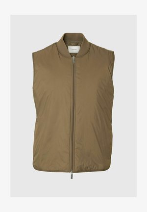 Ärmellose, olivgrüne gesteppte Weste mit Reißverschluss vorne und geripptem Kragen, vor einfarbigem Hintergrund dargestellt.