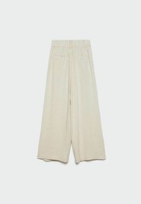 Beige wijde linnen broek met een elastische tailleband en twee achterzakken, gemaakt van een gladde, gestructureerde stof.