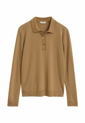 Long-sleeve polo shirt in brown, made of soft fabric. Features a classic collar and three-button placket. A ribbed hem and cuffs detail.