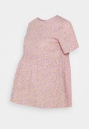 Short-sleeve pink dress with small yellow and white floral pattern and gathered waist, shown against white background.