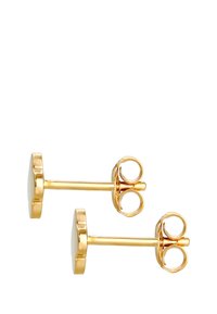 Cercei tip stud din metal auriu, cu un design rotund și plat, cu un finisaj lăcuit. Dispun de închidere tip push-back și au o textură netedă.