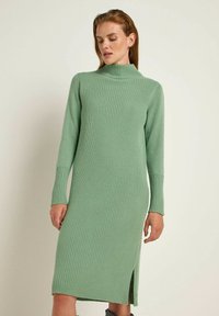 Grünes geripptes Strickkleid mit einem hohen Kragen, langen Ärmeln und einem seitlichen Schlitz, das mit einer strukturierten Oberfläche und einer figurbetonten Silhouette ausgestattet ist.