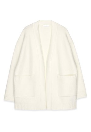 Witte wollen cardigan met een losse pasvorm, open voorkant, geribde manchetten en twee voorzakken. Gelaagd stof met een zachte afwerking.