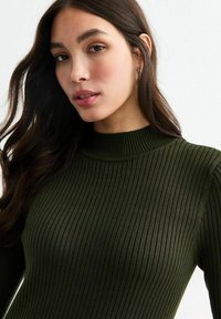 Pull à col roulé côtelé, vert foncé, en tissu tricoté. Présente un col haut et une coupe ajustée, mettant en valeur des lignes verticales texturées.